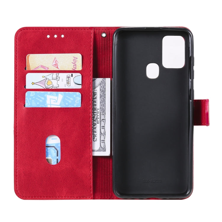 For Samsung Galaxy A21s Three-color Stitching Calf Texture Horizontal Flip Leather Case with Holder & Card Slots & Wallet