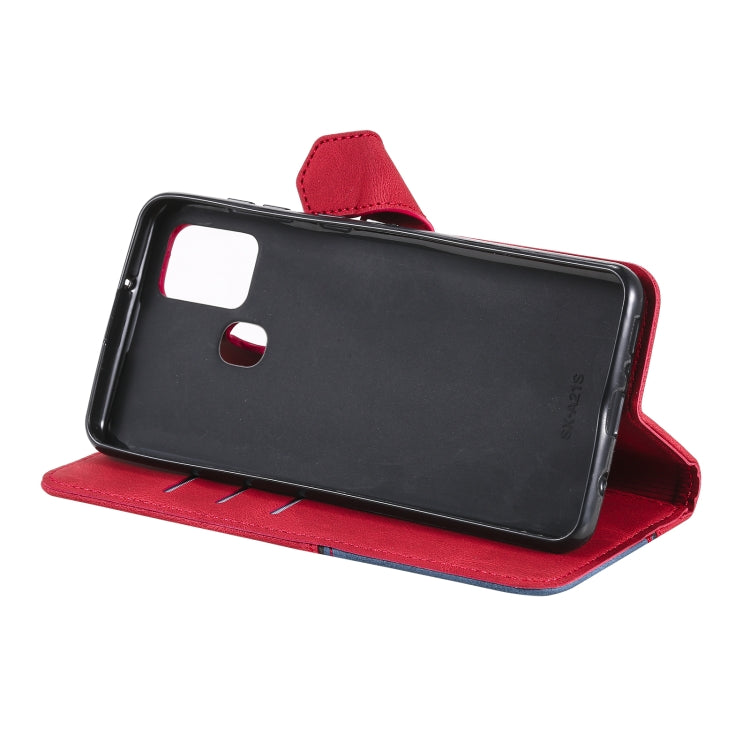 For Samsung Galaxy A21s Three-color Stitching Calf Texture Horizontal Flip Leather Case with Holder & Card Slots & Wallet