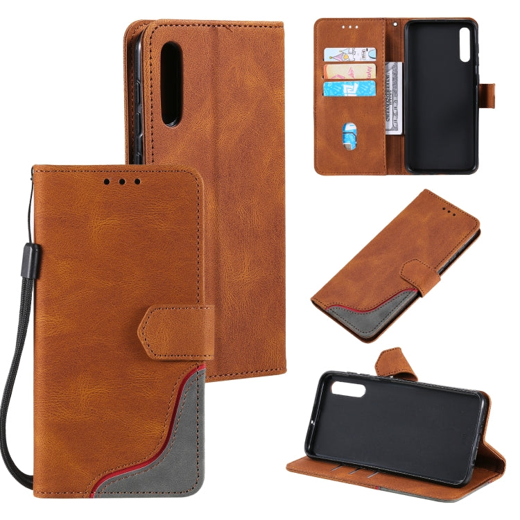 For Samsung Galaxy A50 Three-color Stitching Calf Texture Horizontal Flip Leather Case with Holder & Card Slots & Wallet