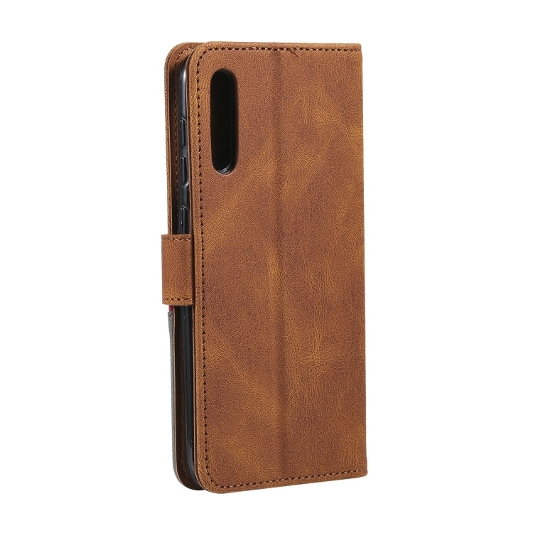 For Samsung Galaxy A50 Three-color Stitching Calf Texture Horizontal Flip Leather Case with Holder & Card Slots & Wallet