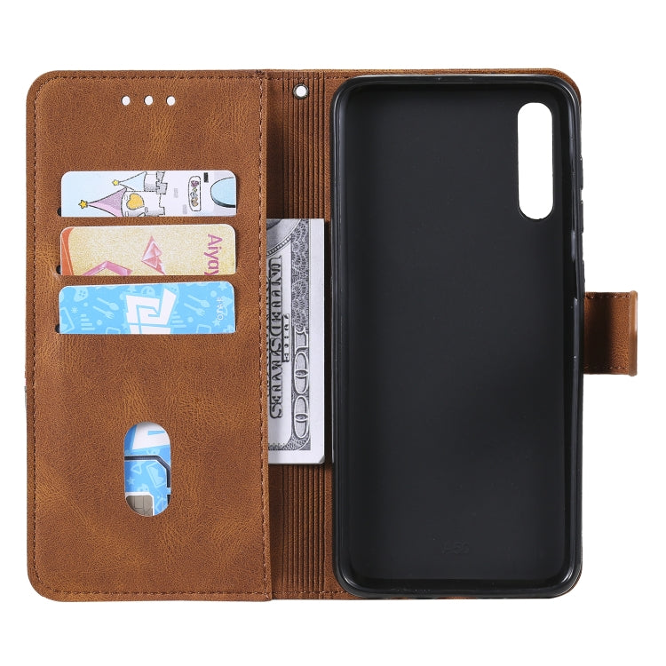 For Samsung Galaxy A50 Three-color Stitching Calf Texture Horizontal Flip Leather Case with Holder & Card Slots & Wallet