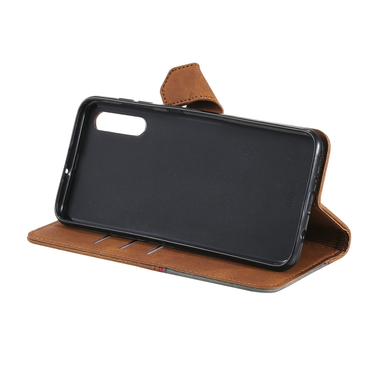 For Samsung Galaxy A50 Three-color Stitching Calf Texture Horizontal Flip Leather Case with Holder & Card Slots & Wallet