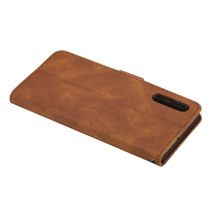 For Samsung Galaxy A50 Three-color Stitching Calf Texture Horizontal Flip Leather Case with Holder & Card Slots & Wallet
