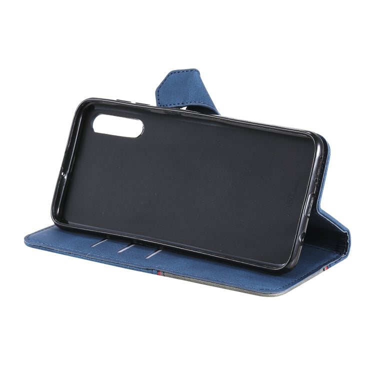 For Samsung Galaxy A50 Three-color Stitching Calf Texture Horizontal Flip Leather Case with Holder & Card Slots & Wallet
