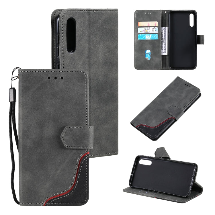 For Samsung Galaxy A50 Three-color Stitching Calf Texture Horizontal Flip Leather Case with Holder & Card Slots & Wallet
