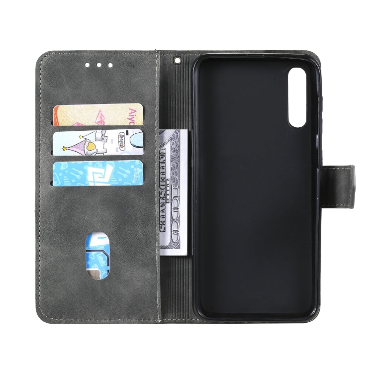 For Samsung Galaxy A50 Three-color Stitching Calf Texture Horizontal Flip Leather Case with Holder & Card Slots & Wallet