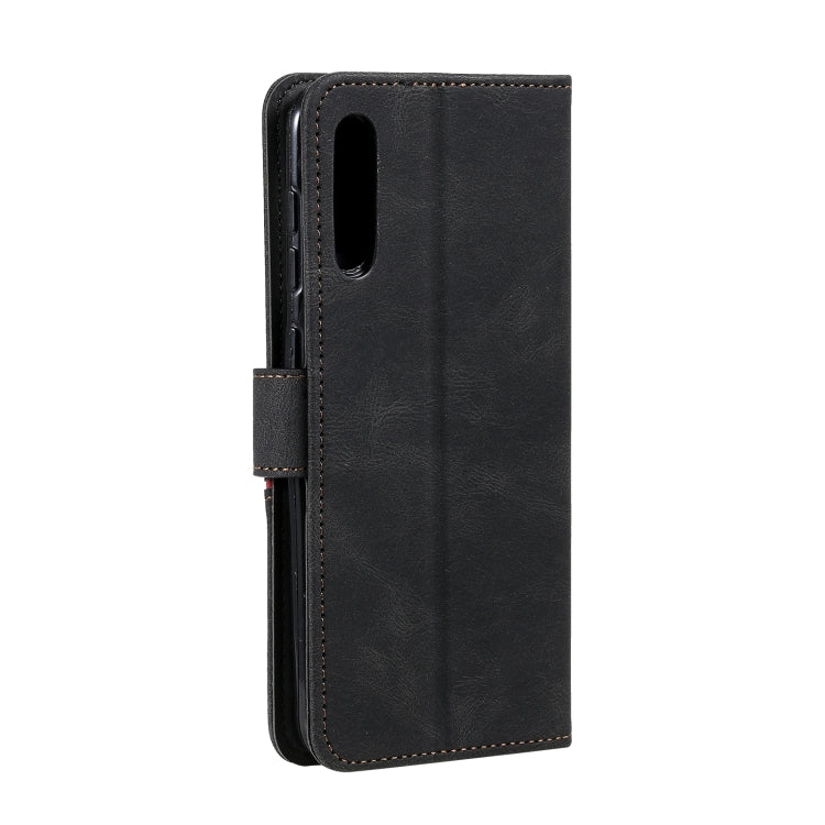 For Samsung Galaxy A50 Three-color Stitching Calf Texture Horizontal Flip Leather Case with Holder & Card Slots & Wallet