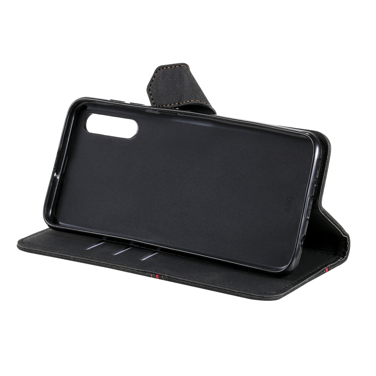 For Samsung Galaxy A50 Three-color Stitching Calf Texture Horizontal Flip Leather Case with Holder & Card Slots & Wallet