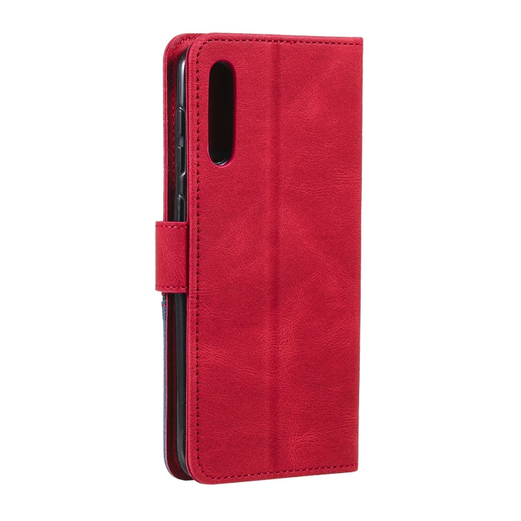 For Samsung Galaxy A50 Three-color Stitching Calf Texture Horizontal Flip Leather Case with Holder & Card Slots & Wallet