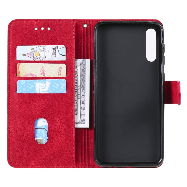 For Samsung Galaxy A50 Three-color Stitching Calf Texture Horizontal Flip Leather Case with Holder & Card Slots & Wallet