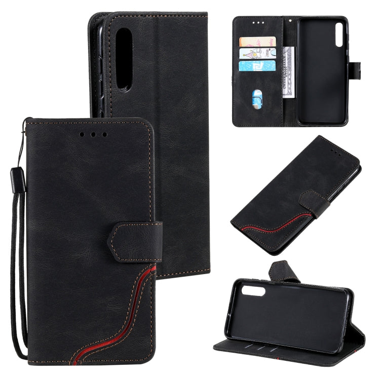 For Samsung Galaxy A70 Three-color Stitching Calf Texture Horizontal Flip Leather Case with Holder & Card Slots & Wallet