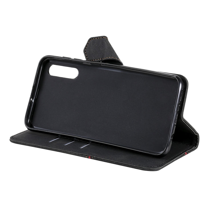For Samsung Galaxy A70 Three-color Stitching Calf Texture Horizontal Flip Leather Case with Holder & Card Slots & Wallet