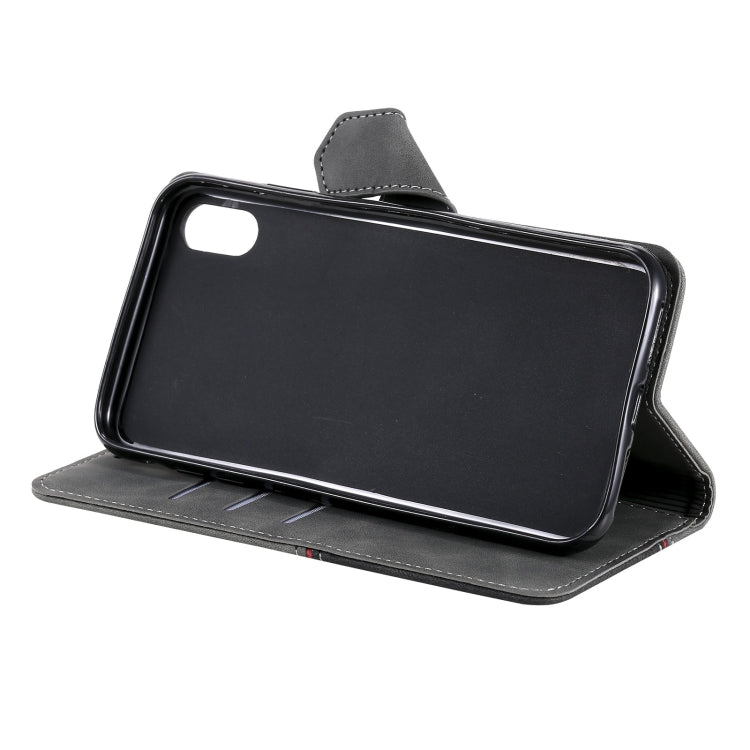 For iPhone XR Three-color Stitching Calf Texture Horizontal Flip Leather Case with Holder & Card Slots & Wallet