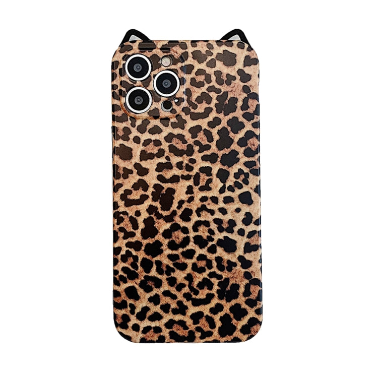 For iPhone 11 Cat Ear Leopard Print TPU Straight Edge Protective Case with Lanyard