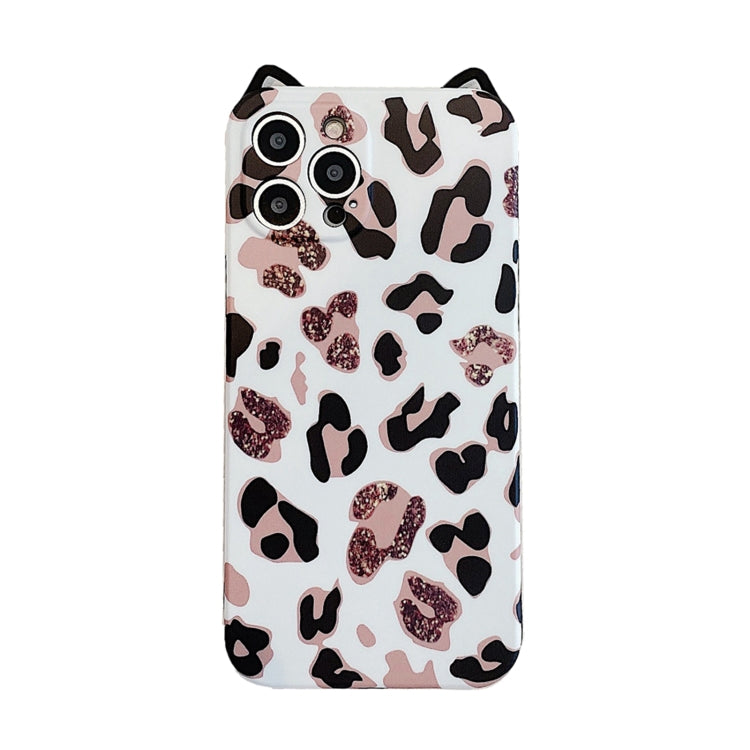 For iPhone 11 Pro Cat Ear Leopard Print TPU Straight Edge Protective Case with Lanyard