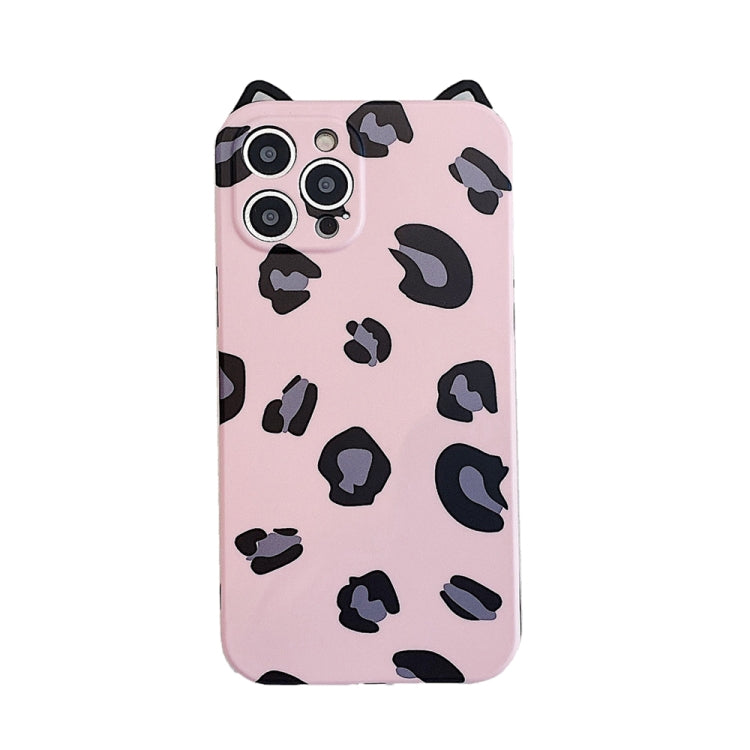 For iPhone 11 Pro Max Cat Ear Leopard Print TPU Straight Edge Protective Case with Lanyard