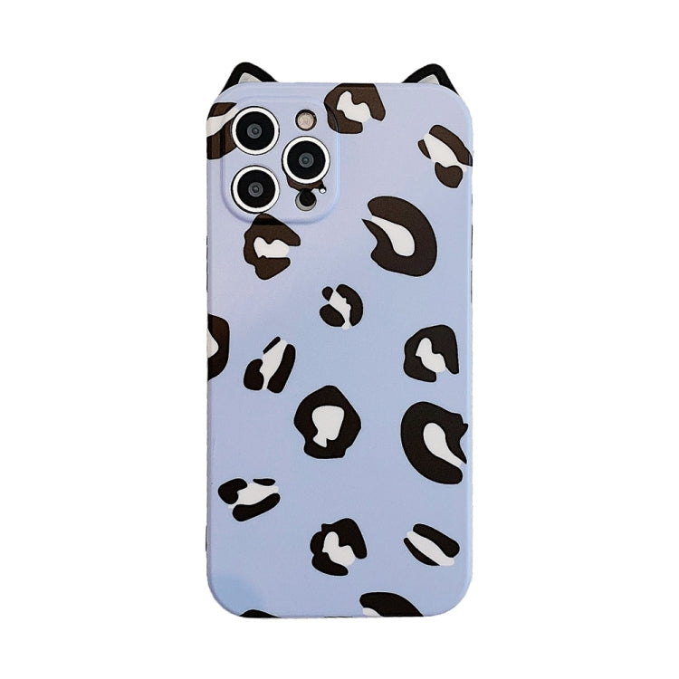 For iPhone 12 Cat Ear Leopard Print TPU Straight Edge Protective Case with Lanyard