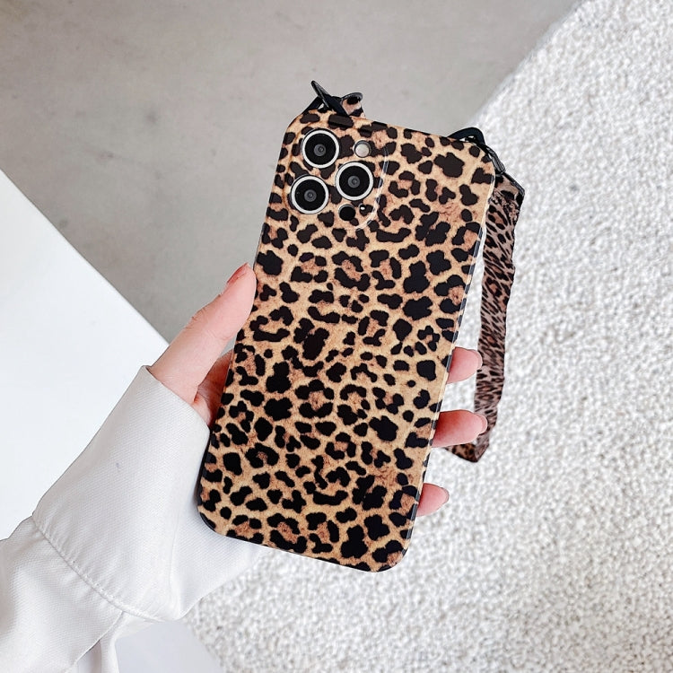 For iPhone 12 Cat Ear Leopard Print TPU Straight Edge Protective Case with Lanyard