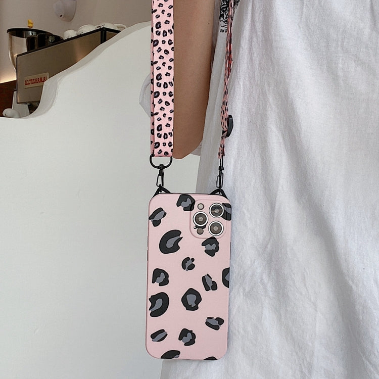 For iPhone 12 Cat Ear Leopard Print TPU Straight Edge Protective Case with Lanyard