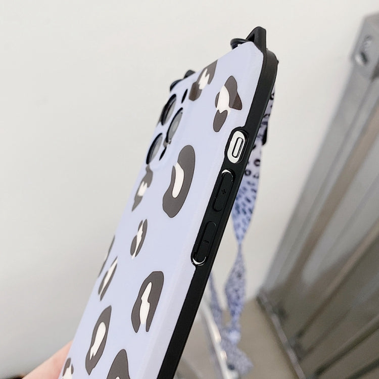 For iPhone 12 Cat Ear Leopard Print TPU Straight Edge Protective Case with Lanyard
