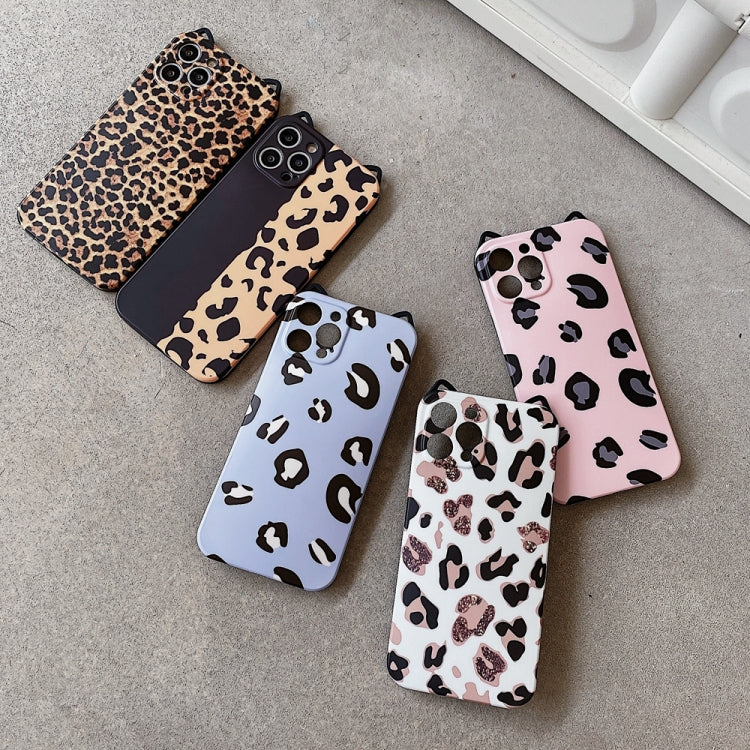 For iPhone 12 Cat Ear Leopard Print TPU Straight Edge Protective Case with Lanyard