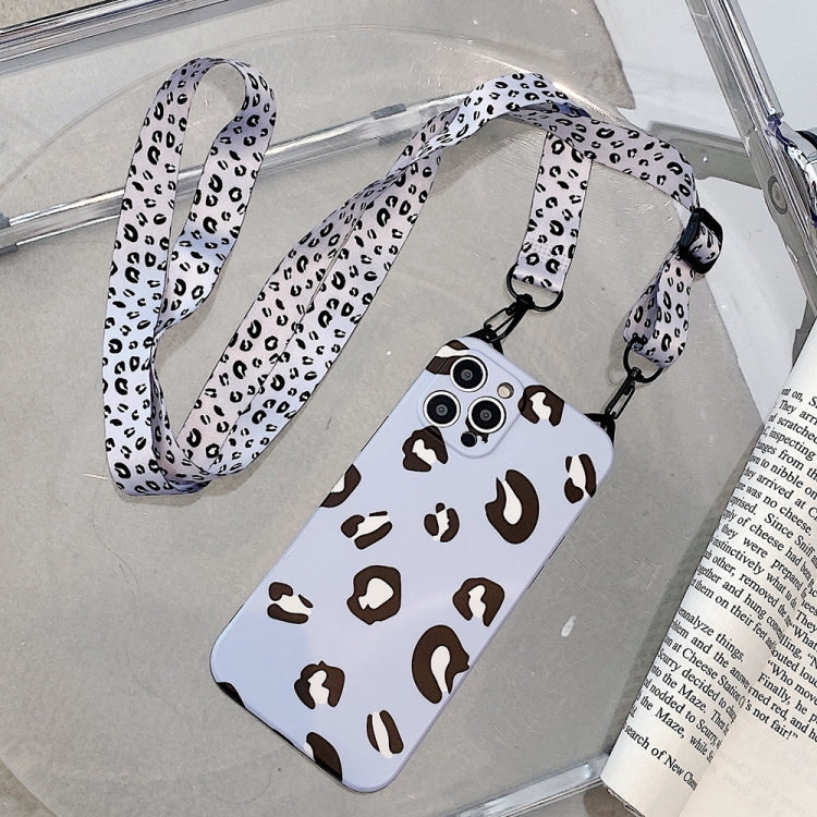 For iPhone 12 Pro Cat Ear Leopard Print TPU Straight Edge Protective Case with Lanyard