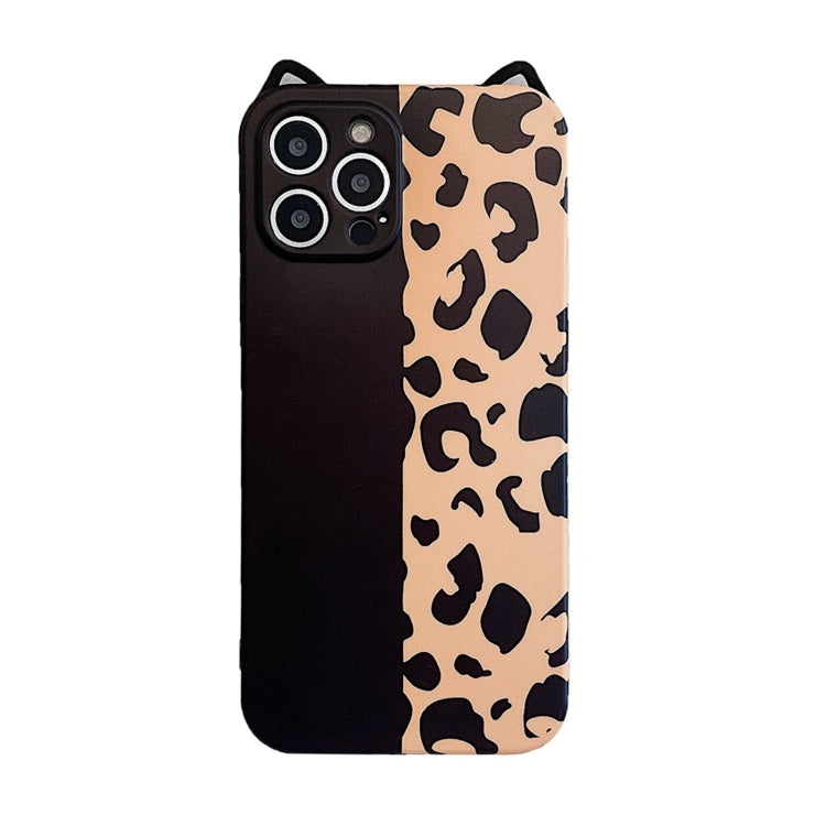 For iPhone 12 Pro Cat Ear Leopard Print TPU Straight Edge Protective Case with Lanyard