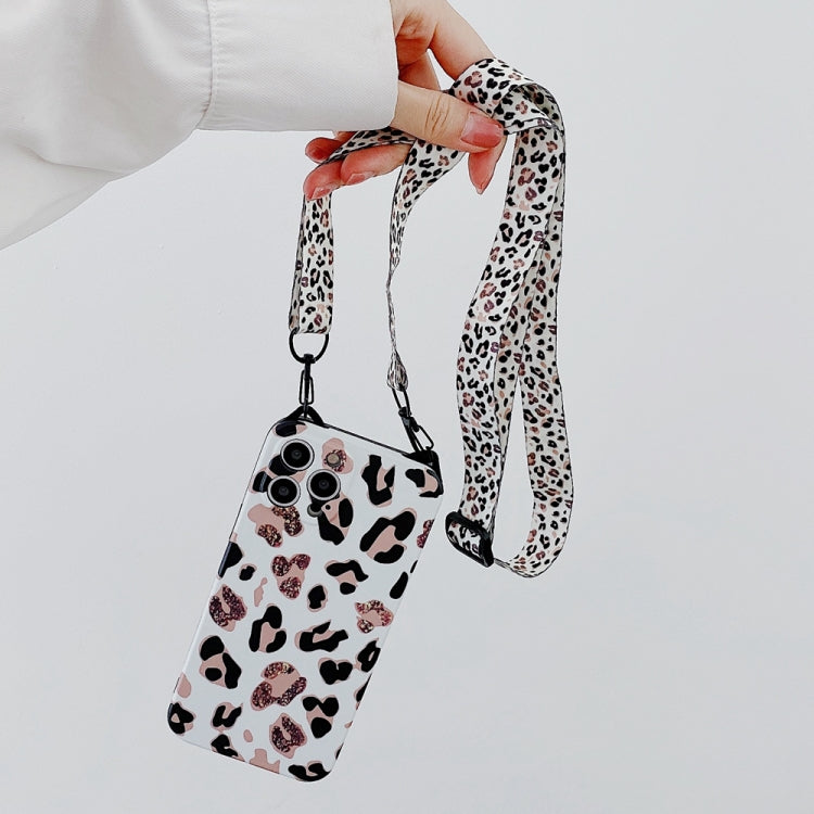 For iPhone 12 Pro Cat Ear Leopard Print TPU Straight Edge Protective Case with Lanyard