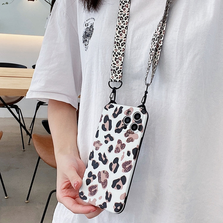 For iPhone 12 Pro Cat Ear Leopard Print TPU Straight Edge Protective Case with Lanyard