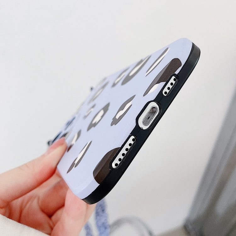 For iPhone 12 Pro Cat Ear Leopard Print TPU Straight Edge Protective Case with Lanyard