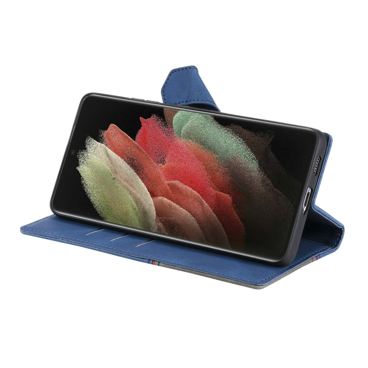 For Samsung Galaxy S21 Ultra 5G Three-color Stitching Calf Texture Horizontal Flip Leather Case with Holder & Card Slots & Wallet