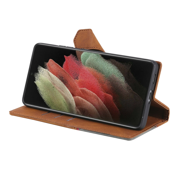 For Samsung Galaxy S21 Ultra 5G Three-color Stitching Calf Texture Horizontal Flip Leather Case with Holder & Card Slots & Wallet