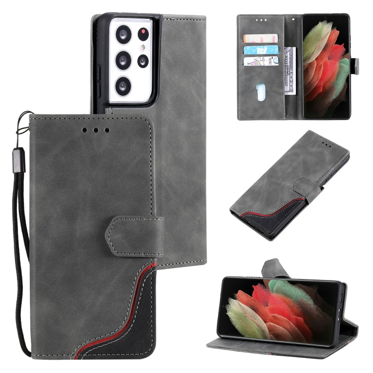 For Samsung Galaxy S21 Ultra 5G Three-color Stitching Calf Texture Horizontal Flip Leather Case with Holder & Card Slots & Wallet