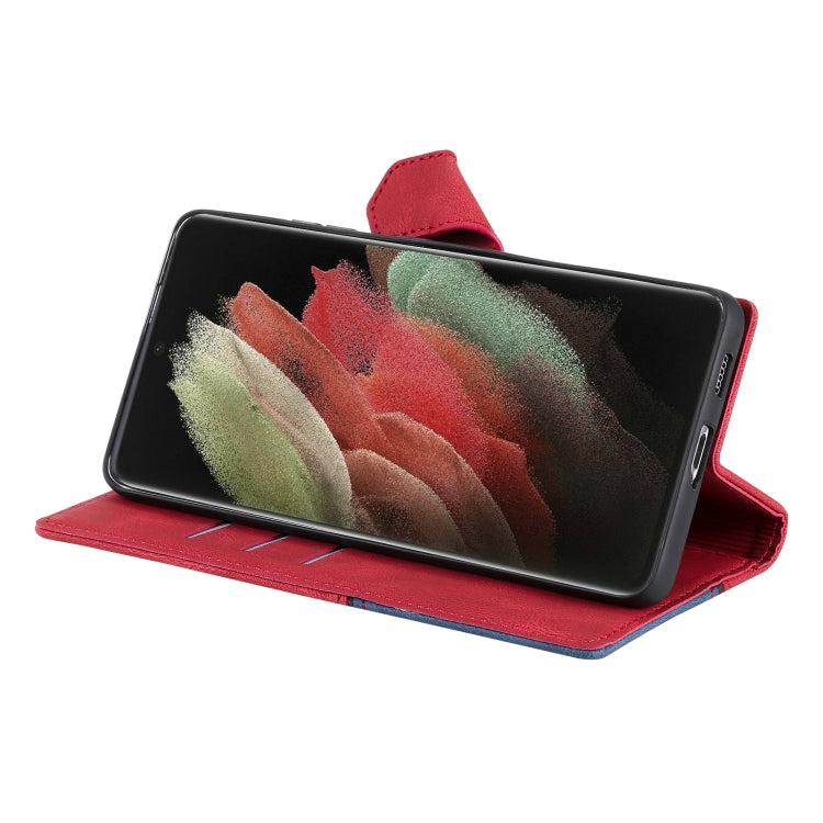 For Samsung Galaxy S21 Ultra 5G Three-color Stitching Calf Texture Horizontal Flip Leather Case with Holder & Card Slots & Wallet