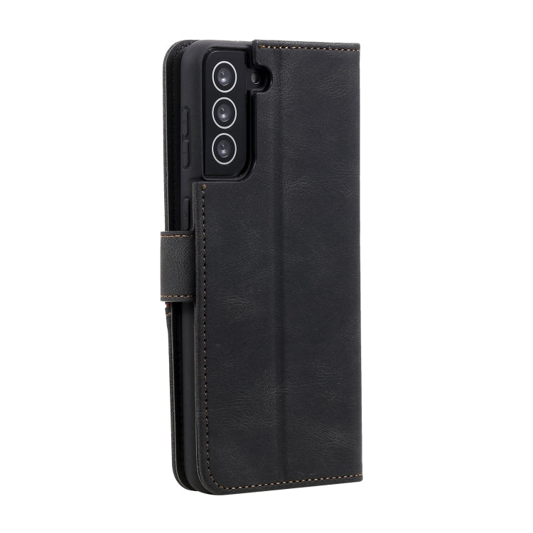 For Samsung Galaxy S21 FE Three-color Stitching Calf Texture Horizontal Flip Leather Case with Holder & Card Slots & Wallet