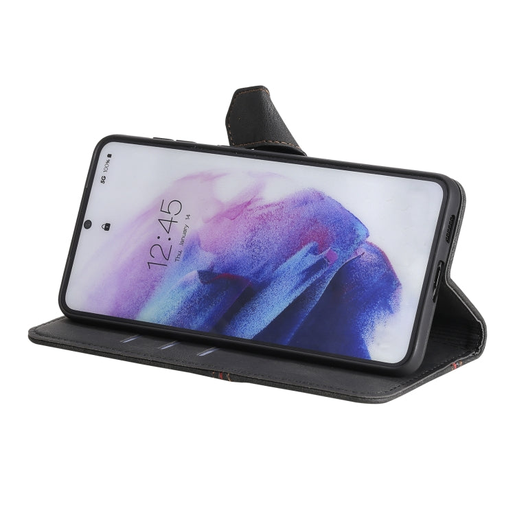 For Samsung Galaxy S21 FE Three-color Stitching Calf Texture Horizontal Flip Leather Case with Holder & Card Slots & Wallet