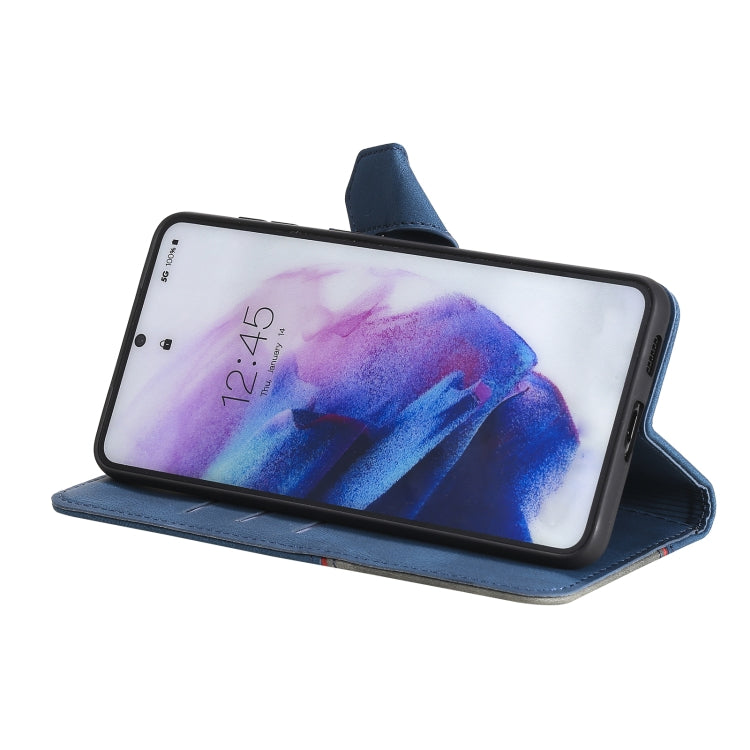 For Samsung Galaxy S21 FE Three-color Stitching Calf Texture Horizontal Flip Leather Case with Holder & Card Slots & Wallet