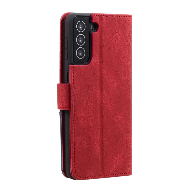 For Samsung Galaxy S21 FE Three-color Stitching Calf Texture Horizontal Flip Leather Case with Holder & Card Slots & Wallet
