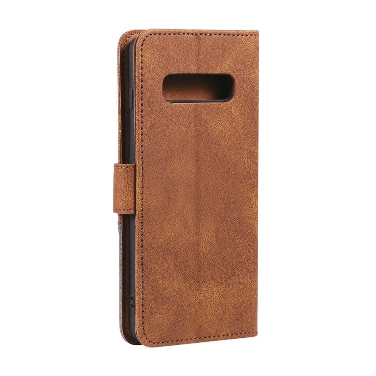 For Samsung Galaxy S10e Three-color Stitching Calf Texture Horizontal Flip Leather Case with Holder & Card Slots & Wallet