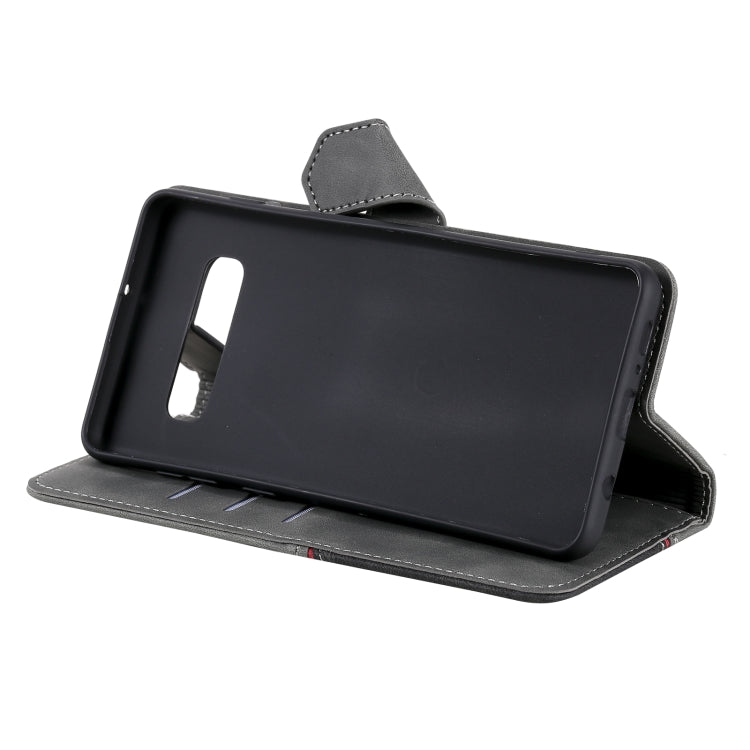 For Samsung Galaxy S10e Three-color Stitching Calf Texture Horizontal Flip Leather Case with Holder & Card Slots & Wallet