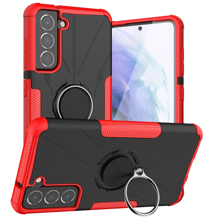 For Samsung Galaxy S21 FE Machine Armor Bear Shockproof PC + TPU Protective Case with Ring Holder