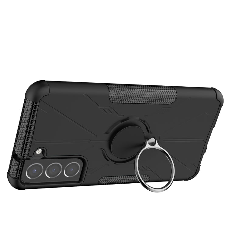 For Samsung Galaxy S21 FE Machine Armor Bear Shockproof PC + TPU Protective Case with Ring Holder