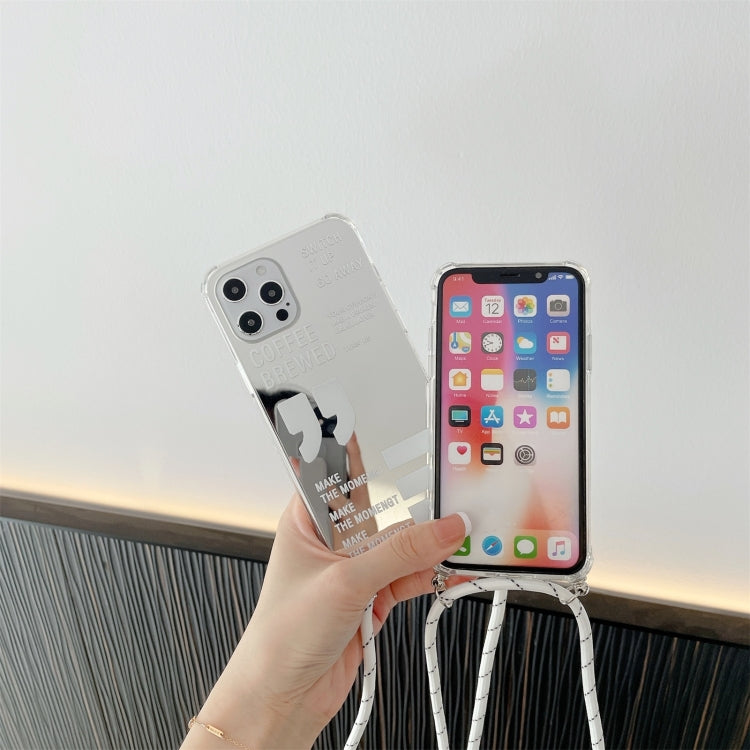 For iPhone 12 / 12 Pro Four-corner Shockproof Mirror Series Coffee Brewed Protective Case with Lanyard