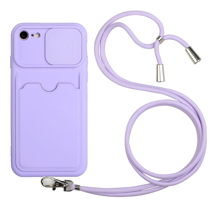 For iPhone SE 2022 / SE 2020 / 8 / 7 Sliding Camera Cover Design TPU Protective Case with Card Slot & Neck Lanyard