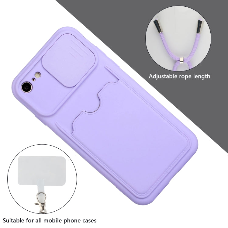 For iPhone SE 2022 / SE 2020 / 8 / 7 Sliding Camera Cover Design TPU Protective Case with Card Slot & Neck Lanyard