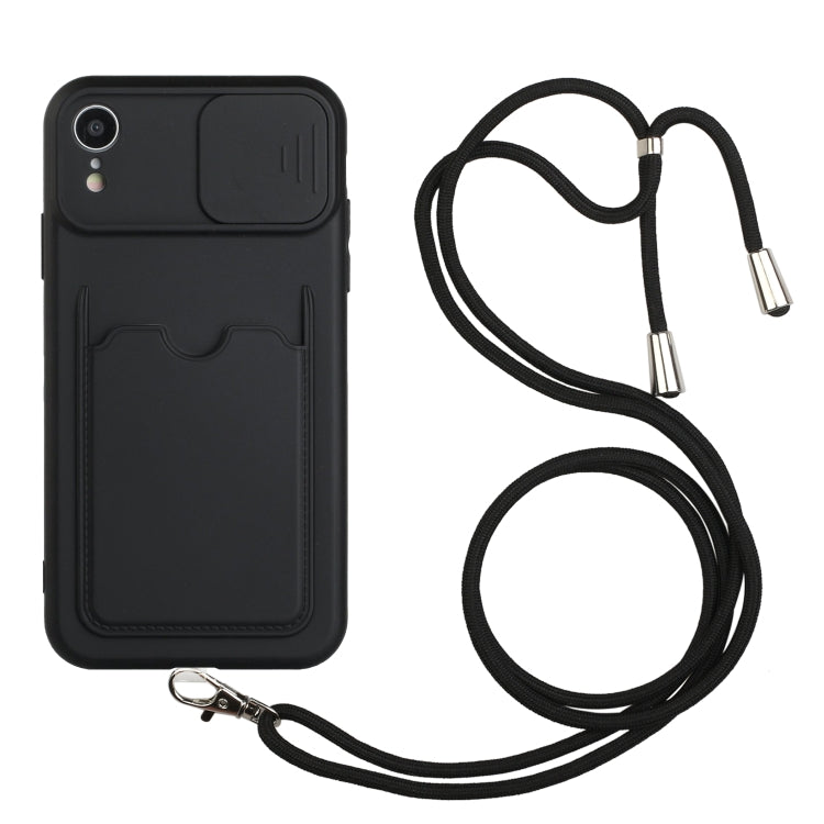 For iPhone XR Sliding Camera Cover Design TPU Protective Case with Card Slot & Neck Lanyard