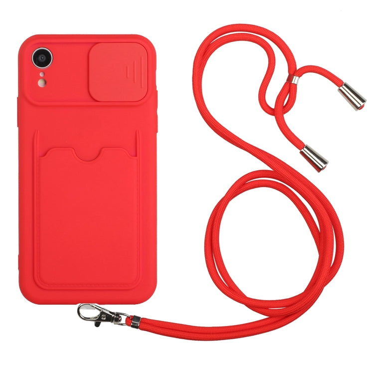 For iPhone XR Sliding Camera Cover Design TPU Protective Case with Card Slot & Neck Lanyard