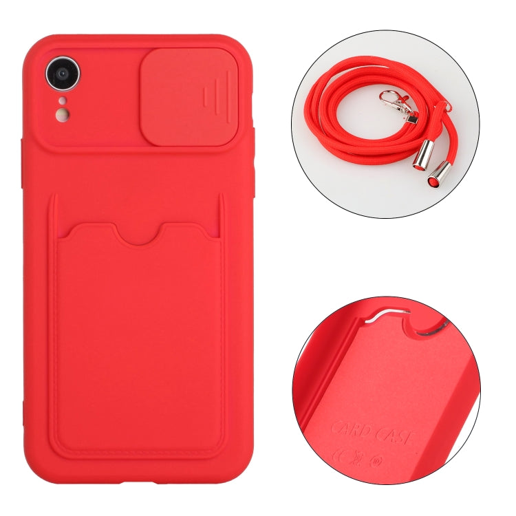 For iPhone XR Sliding Camera Cover Design TPU Protective Case with Card Slot & Neck Lanyard