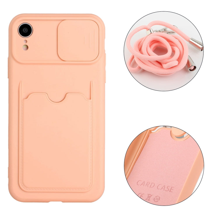 For iPhone XR Sliding Camera Cover Design TPU Protective Case with Card Slot & Neck Lanyard