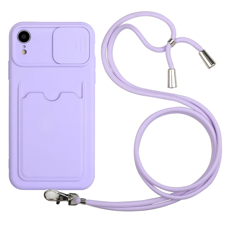 For iPhone XR Sliding Camera Cover Design TPU Protective Case with Card Slot & Neck Lanyard